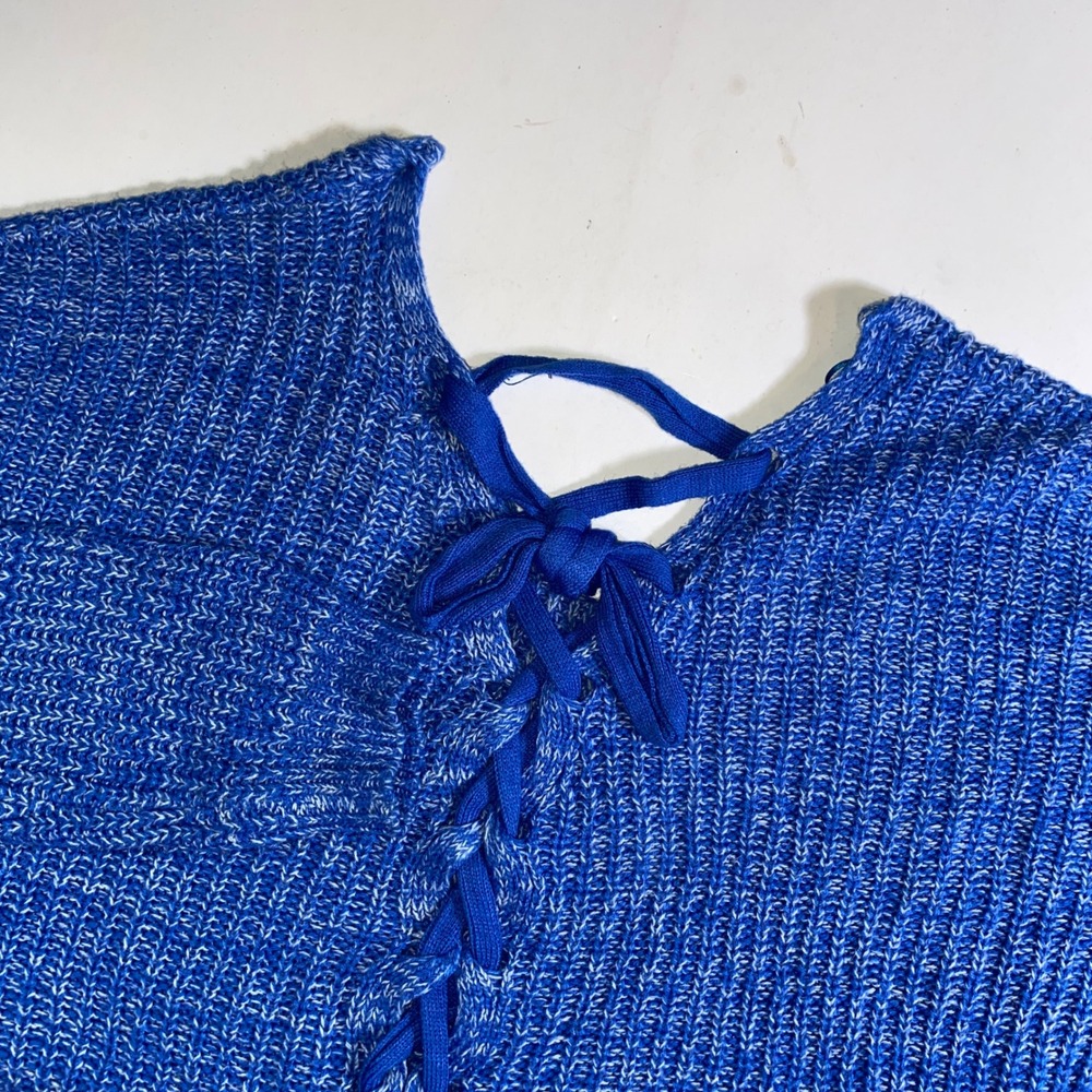 Kohl's Blue White Knit Lace-Up Back Sweater‎ Size L Oversized Top Pullover